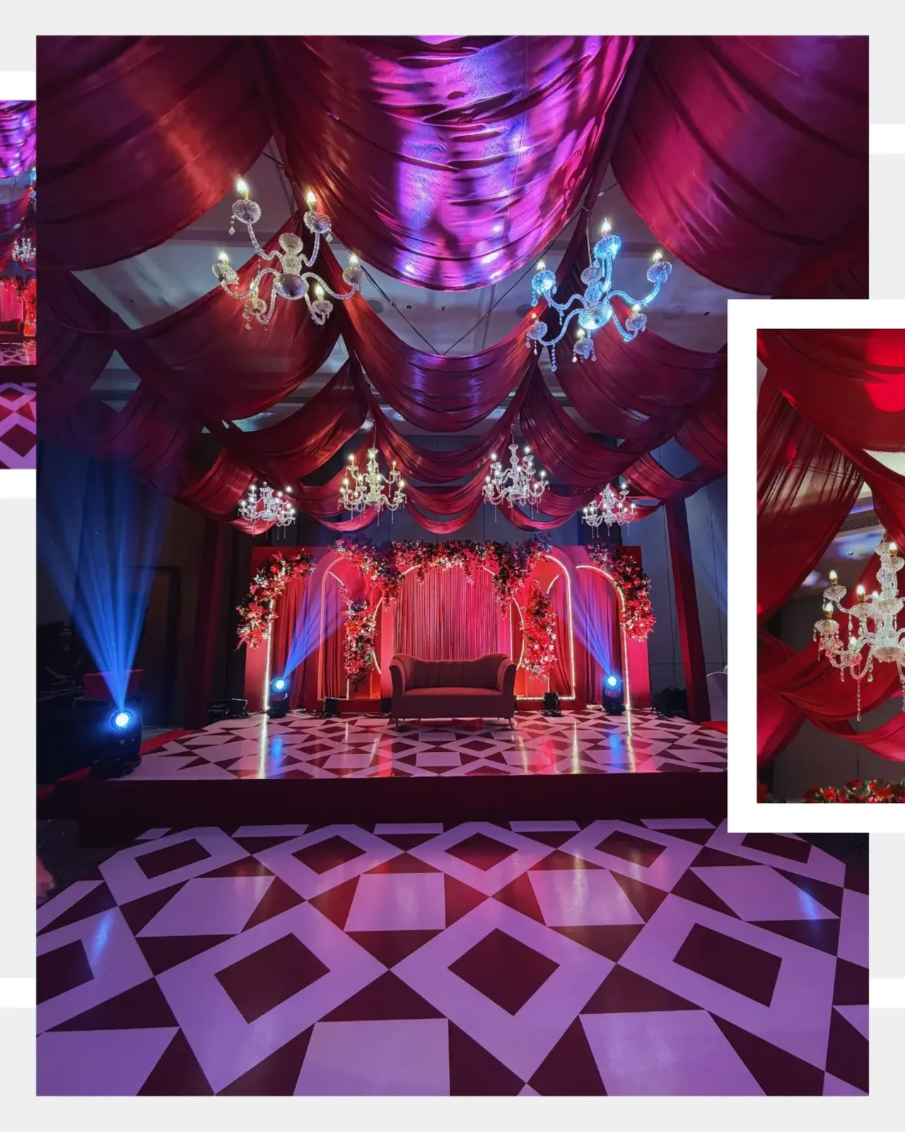 Burgundy drape ceiling with crystal chandeliers and geometric dance floor, sangeet reception