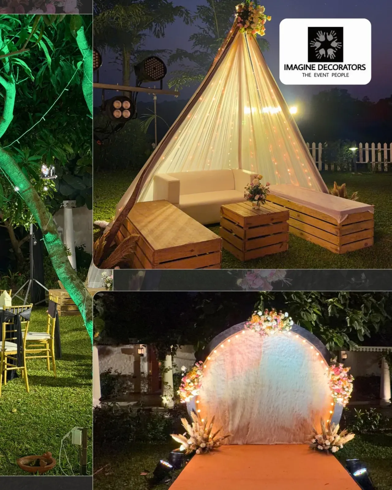 Garden teepee lounge with wooden crates, fairy lights and a fur-backed round arch