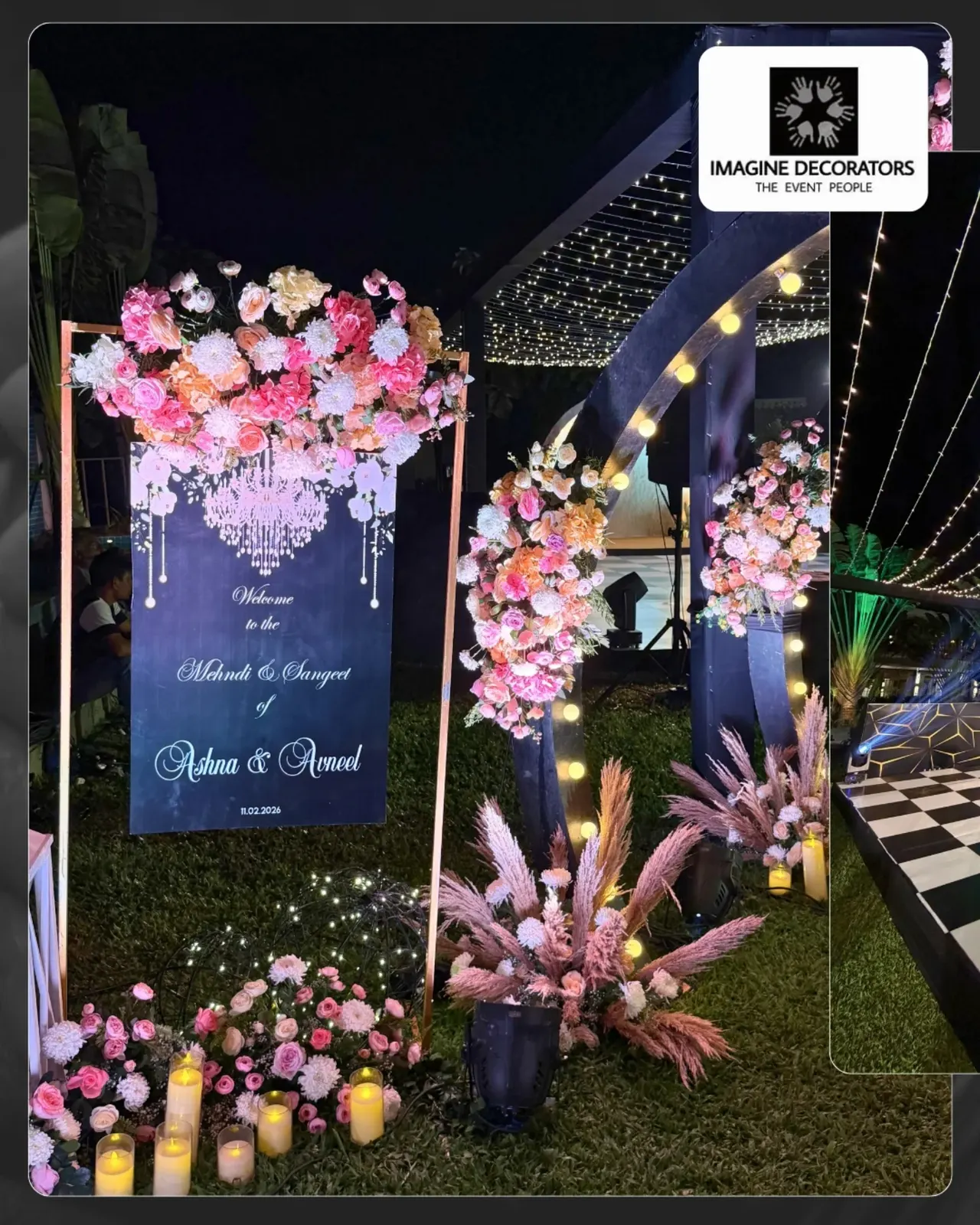 Mehndi and Sangeet welcome signage with pink florals, fairy lights and pampas grass