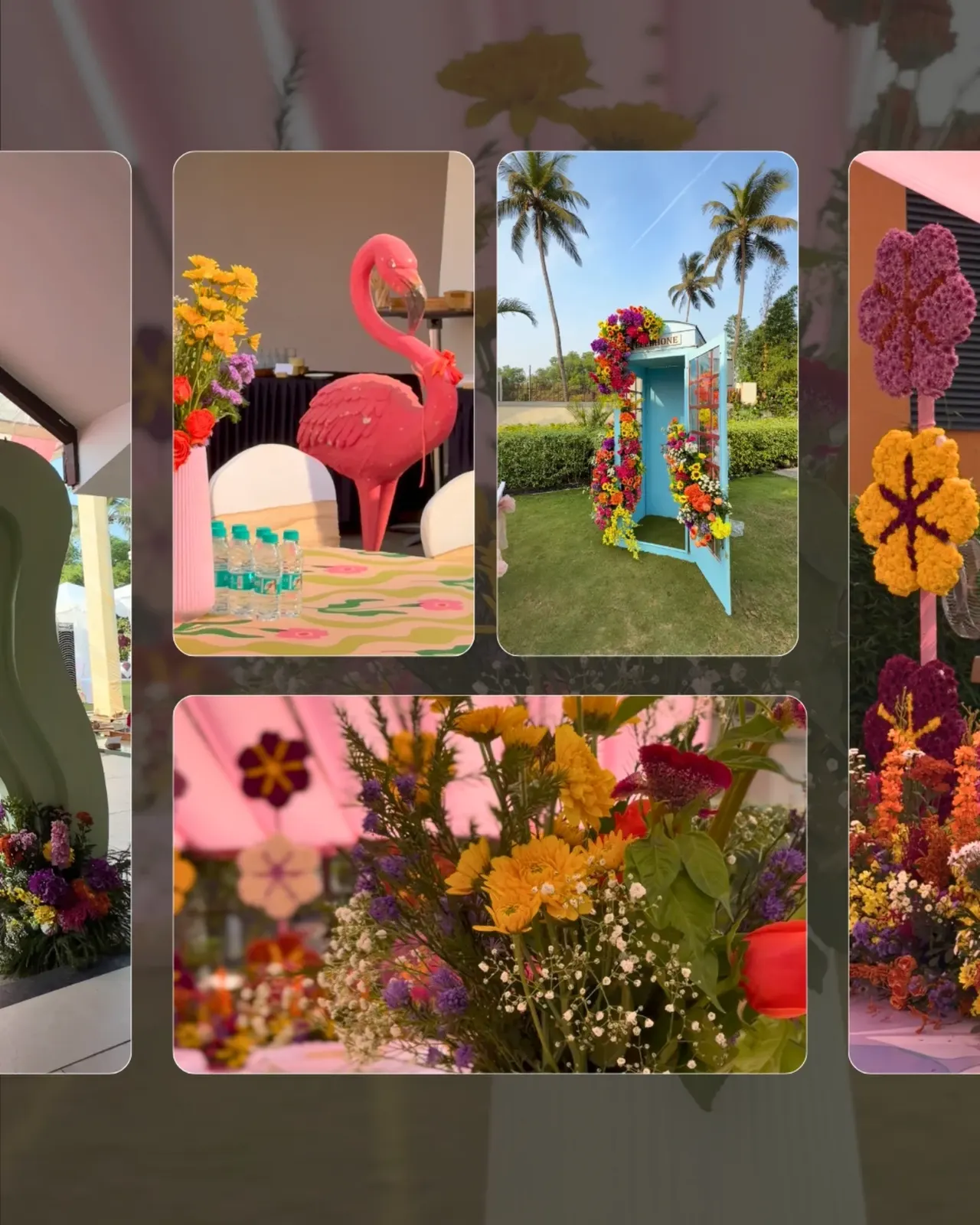 Quirky theme party décor with pink flamingo, blue floral phone booth and wild floral installations