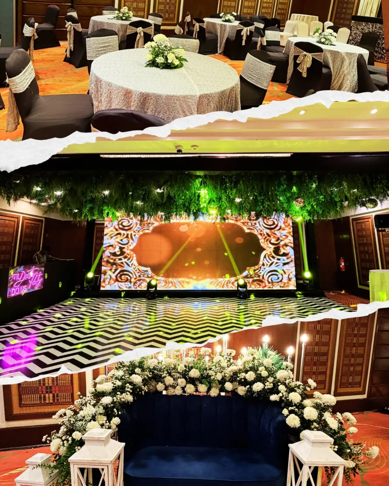 Ballroom reception with sequinned linens, LED stage screen and a white floral lounge