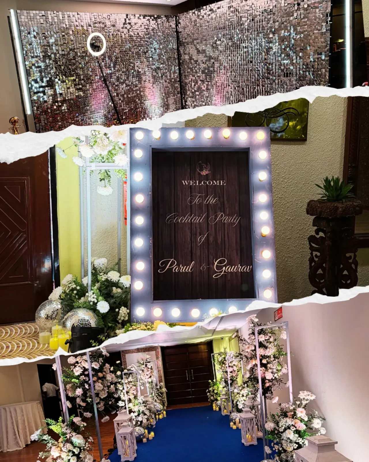 Cocktail party décor with shimmering sequin wall, lightbulb welcome board and white floral entrance